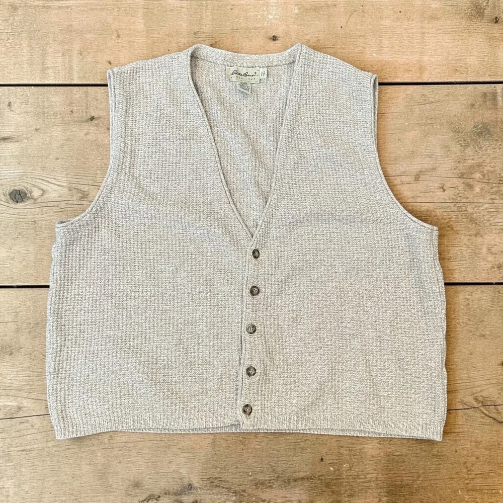 Eddie Bauer Mens Large Beige Cotton Knit Button Front Sweater Vest‎ Made in USA